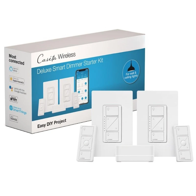 Caseta Original Smart Dimmer Switch Kit, 2 Dimmer Switches, 2 Wall Plates, 2 Pico Remotes
Caseta Original Smart Dimmer Switch Kit, 2 Dimmer Switches, 2 Wall Plates, 2 Pico Remotes