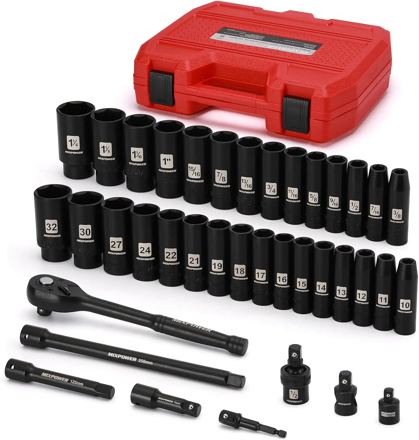 38-Piece 1/2-Inch Drive Deep Impact Socket Set with Ratchet & Accessories, SAE & Metric, CR-V Steel
38-Piece 1/2-Inch Drive Deep Impact Socket Set with Ratchet & Accessories, SAE & Metric, CR-V Steel