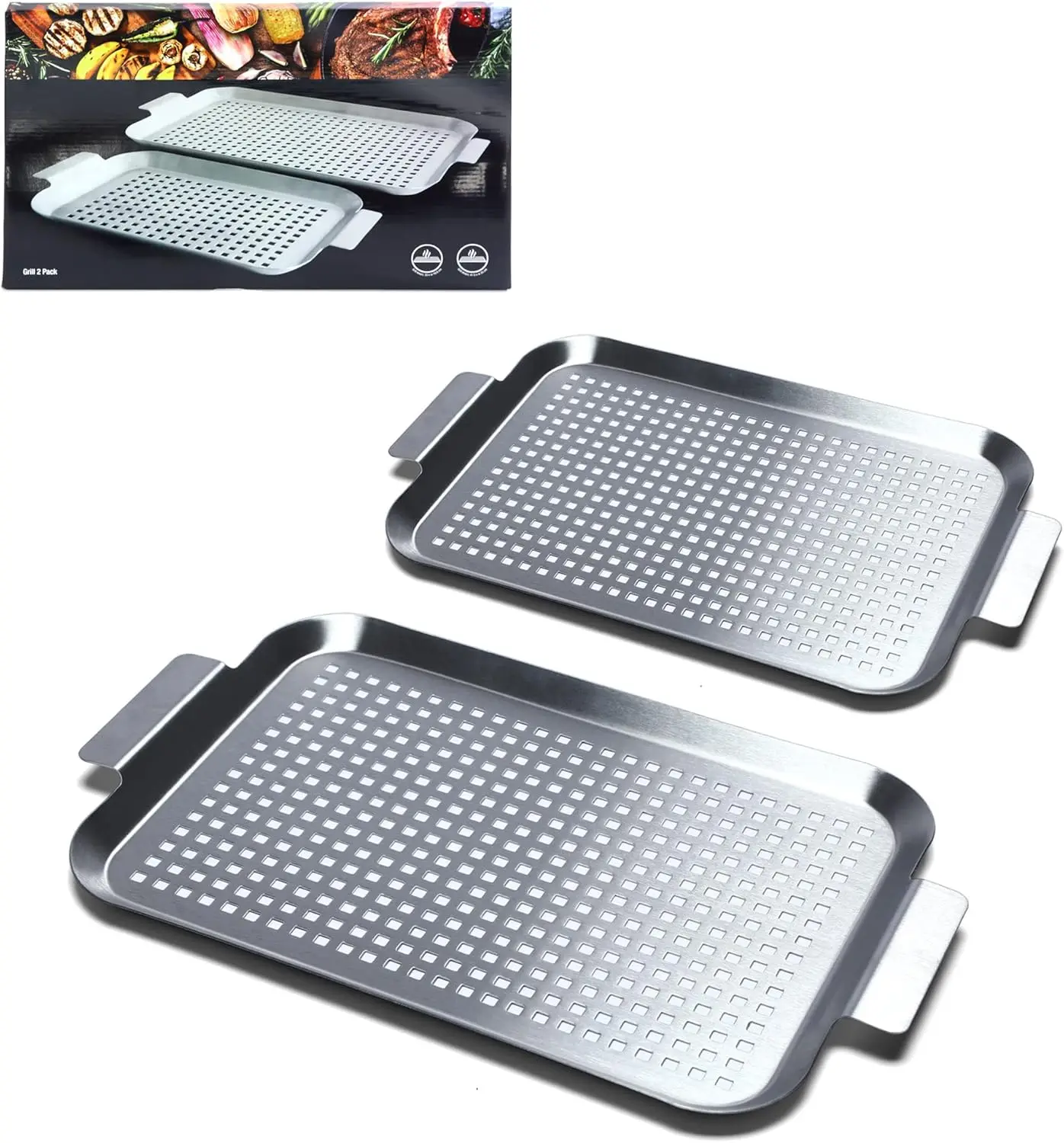 2-Piece Stainless Steel Grill Pan Set with Handles, Perforated BBQ Topper for Vegetables, Fish, Meat, Seafood
2-Piece Stainless Steel Grill Pan Set with Handles, Perforated BBQ Topper for Vegetables, Fish, Meat, Seafood