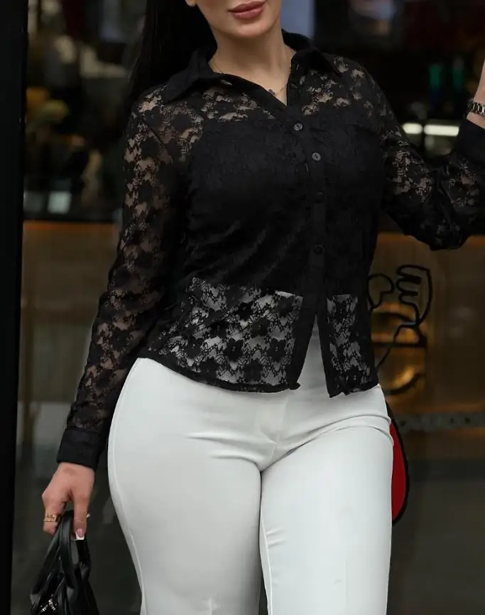 Woman Blouse 2025 Spring Turn-Down Collar Button Front Pocket Design Floral Lace Shirt Casual Lightweight Breathable Sheer Top
Woman Blouse 2025 Spring Turn-Down Collar Button Front Pocket Design Floral Lace Shirt Casual Lightweight Breathable Sheer Top