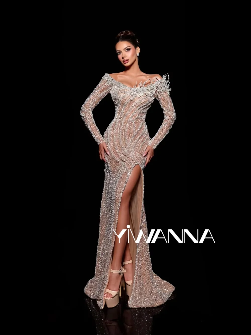 Glimmering Beaded Pearls Evening Dress Asymmetrical off-shoulder Wedding Party Gown New Customized High Slit Long Prom Dresses
Glimmering Beaded Pearls Evening Dress Asymmetrical off-shoulder Wedding Party Gown New Customized High Slit Long Prom Dresses