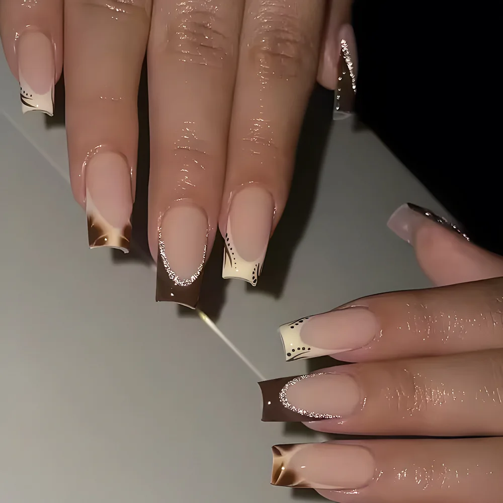 24Pcs Mid-length Square Head Fake Nails Brown Smudge French Press on False Nails Shiny Powder Detachable Full Cover Nails Tips
24Pcs Mid-length Square Head Fake Nails Brown Smudge French Press on False Nails Shiny Powder Detachable Full Cover Nails Tips