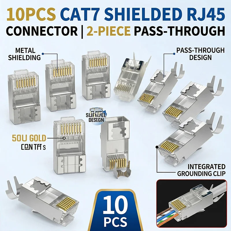 10PCS Cat7 RJ45 Shielded Connector, 10Gbps Pass Through Modular Plug with Metal Housing and Gold Plated Pins for Ethernet Cable
10PCS Cat7 RJ45 Shielded Connector, 10Gbps Pass Through Modular Plug with Metal Housing and Gold Plated Pins for Ethernet Cable