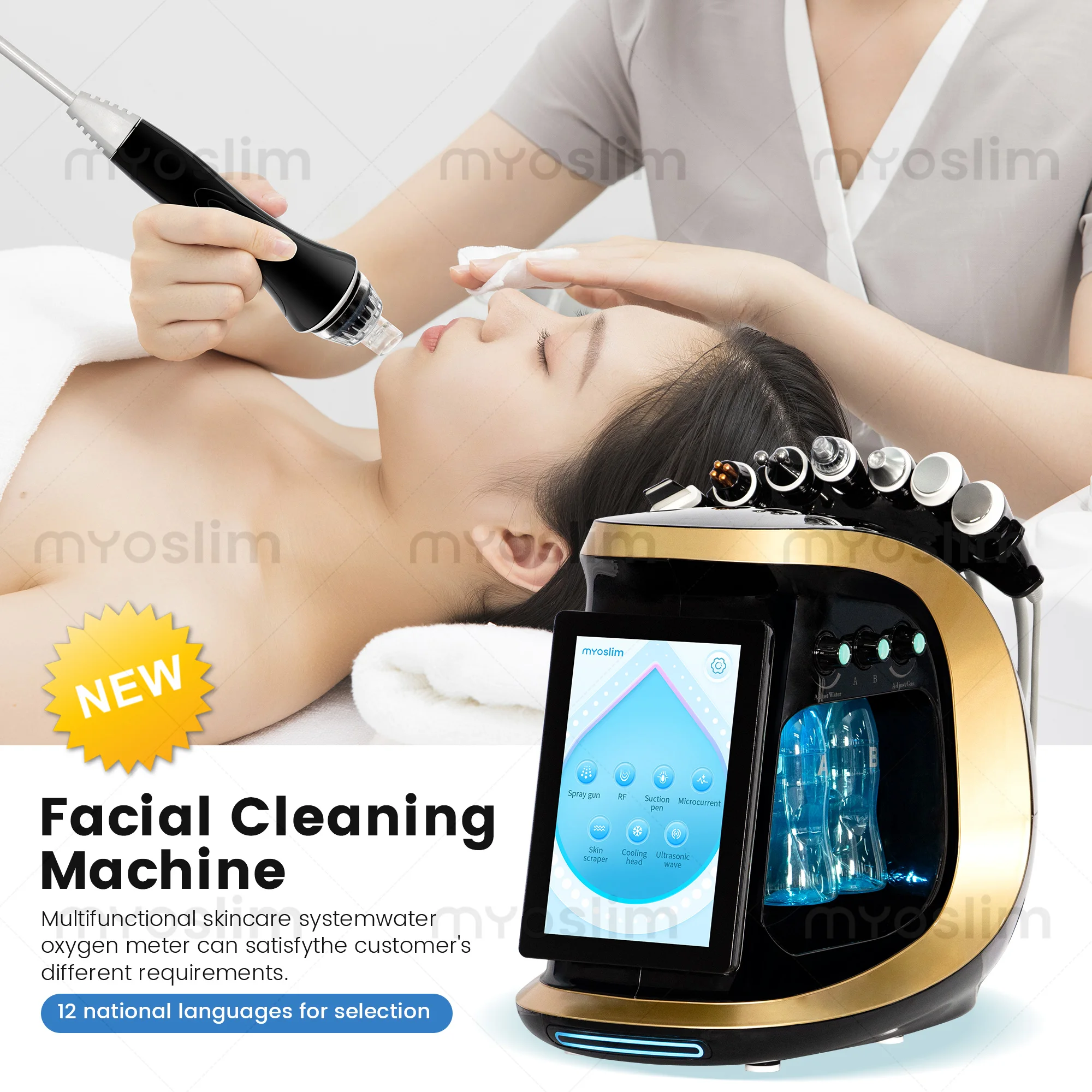 7-in-1 Black Gold Ice Blue Multifunctional Ultrasonic Exfoliating Water-Coagulating Facial Care and Analyzer.
7-in-1 Black Gold Ice Blue Multifunctional Ultrasonic Exfoliating Water-Coagulating Facial Care and Analyzer.