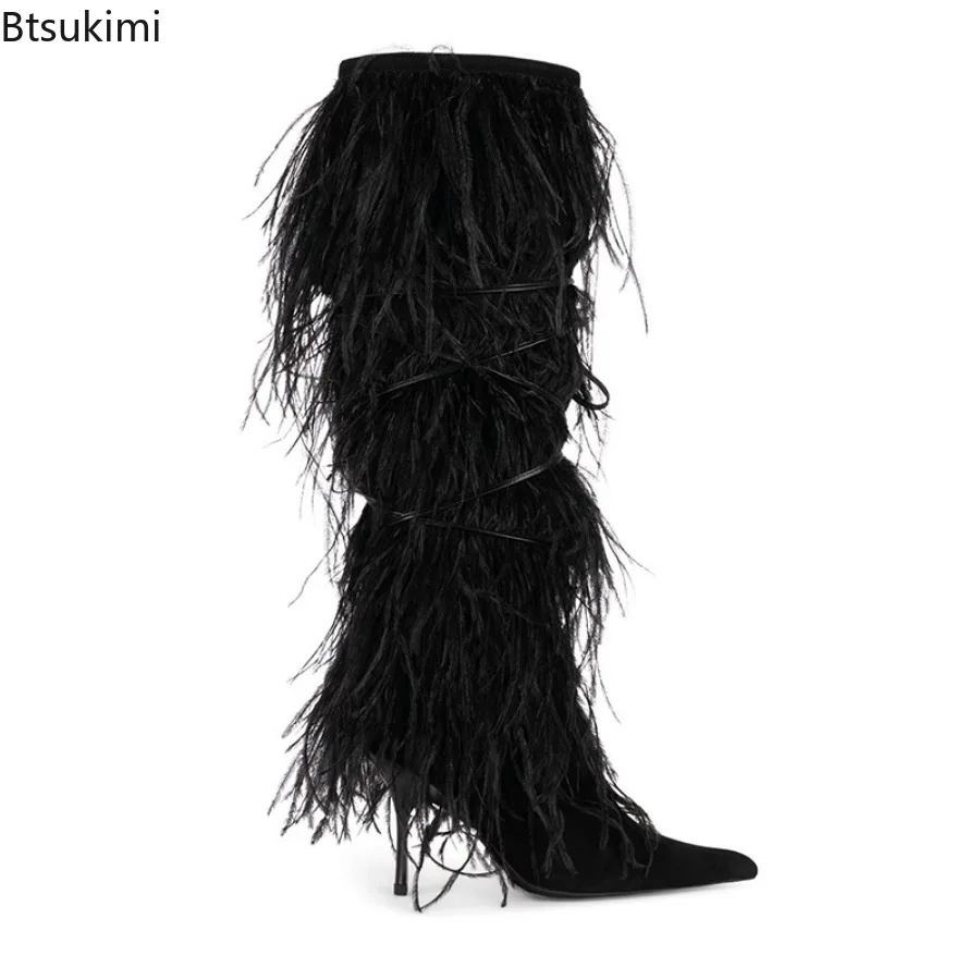 2026 Women's Light Blue Suede Ostrich Feather Covered Knee Boots Pointed Toe Stiletto High Heels Black Bandage Fur Long Boots
2026 Women's Light Blue Suede Ostrich Feather Covered Knee Boots Pointed Toe Stiletto High Heels Black Bandage Fur Long Boots