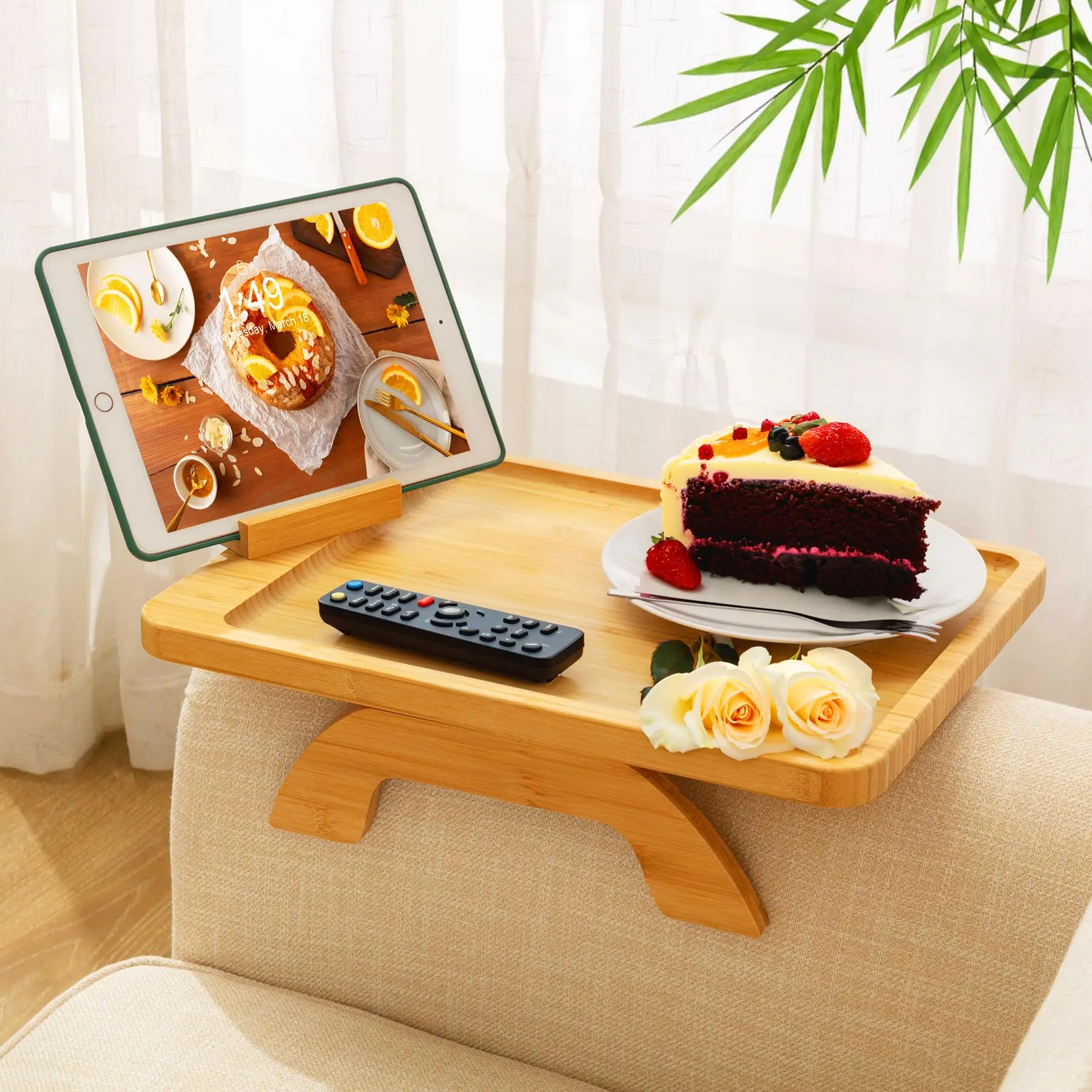 Bamboo Couch Arm Tray With 360° Phone Holder For Eating Snacks Remote On Sofa
Bamboo Couch Arm Tray With 360° Phone Holder For Eating Snacks Remote On Sofa