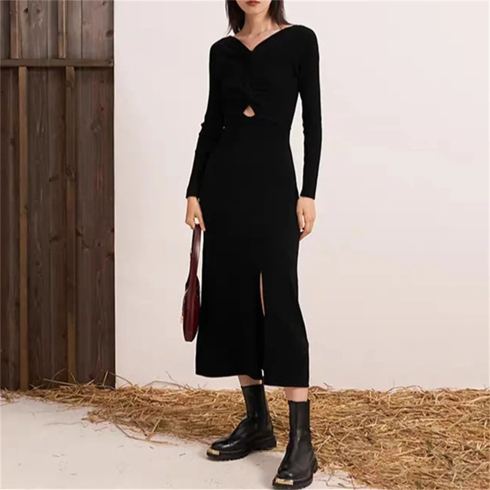 Slim Fit Women's Twist Knit Knot Slim Dress French Niche Hem Slit New Clothing Black Midi Dresses for Ladies
Slim Fit Women's Twist Knit Knot Slim Dress French Niche Hem Slit New Clothing Black Midi Dresses for Ladies
