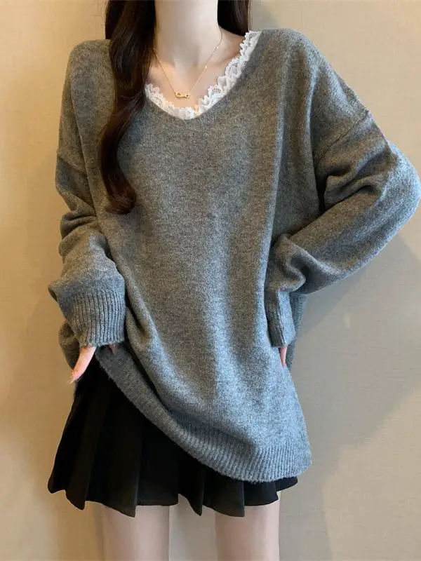 Gray Lace V-neck Sweater Women's plus Size Mid-length Knitted Top Spring 2026 Loose Fit Commute Style Long Sleeve Winter
Gray Lace V-neck Sweater Women's plus Size Mid-length Knitted Top Spring 2026 Loose Fit Commute Style Long Sleeve Winter