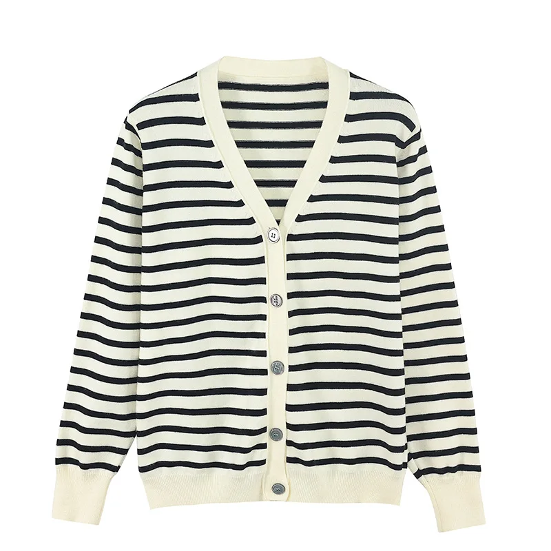 Vintage Classic Soft V-neck Striped Knitted Cardigan for Women 2025 Spring Autumn Sweater Women Basic Outerwear in Ivory White
Vintage Classic Soft V-neck Striped Knitted Cardigan for Women 2025 Spring Autumn Sweater Women Basic Outerwear in Ivory White
