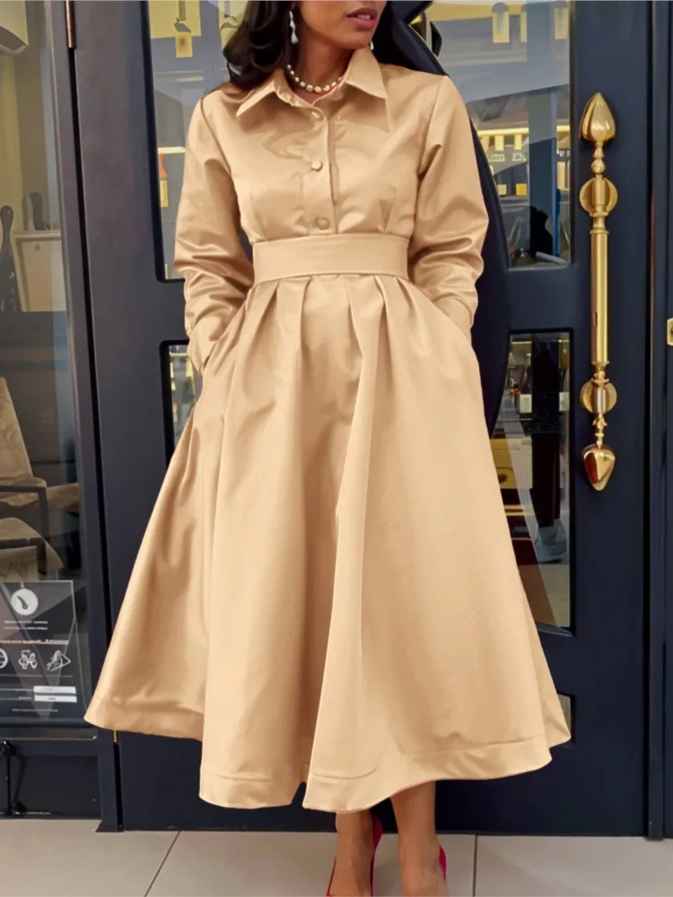 2025 Fashion Women Pleated A-Line Dress Turn Down Collar Long Sleeve Pockets Autumn Elegant Solid Button Evening Female Dress
2025 Fashion Women Pleated A-Line Dress Turn Down Collar Long Sleeve Pockets Autumn Elegant Solid Button Evening Female Dress