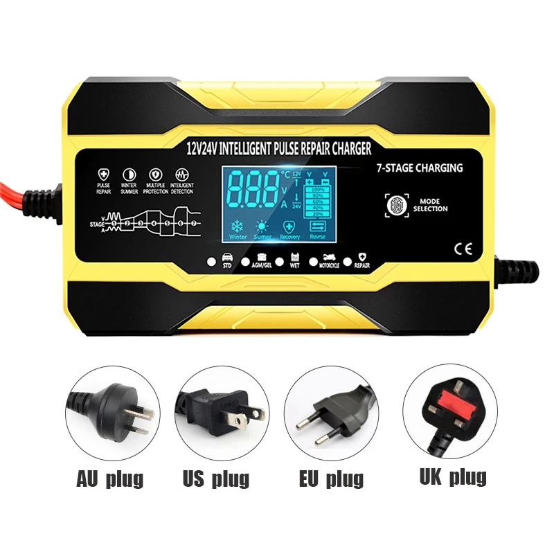 Automatic Smart Car Battery Charger 12V/10A 24V/5A With LCD Display Pulse Repair Charger For Car, Boat, SUV
Automatic Smart Car Battery Charger 12V/10A 24V/5A With LCD Display Pulse Repair Charger For Car, Boat, SUV