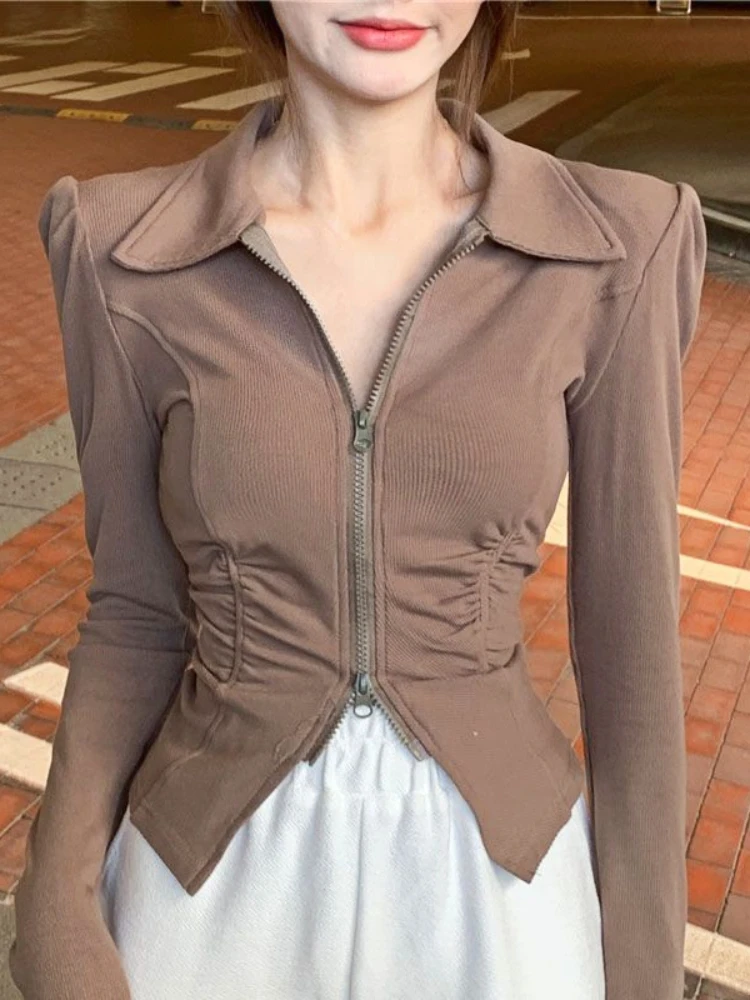 Autumn Brown Korean Vintage Tops Women Zipper Fashion Designer V-neck Blouses Female Long Sleeve Elegant Casual Tops 2023 New
Autumn Brown Korean Vintage Tops Women Zipper Fashion Designer V-neck Blouses Female Long Sleeve Elegant Casual Tops 2023 New
