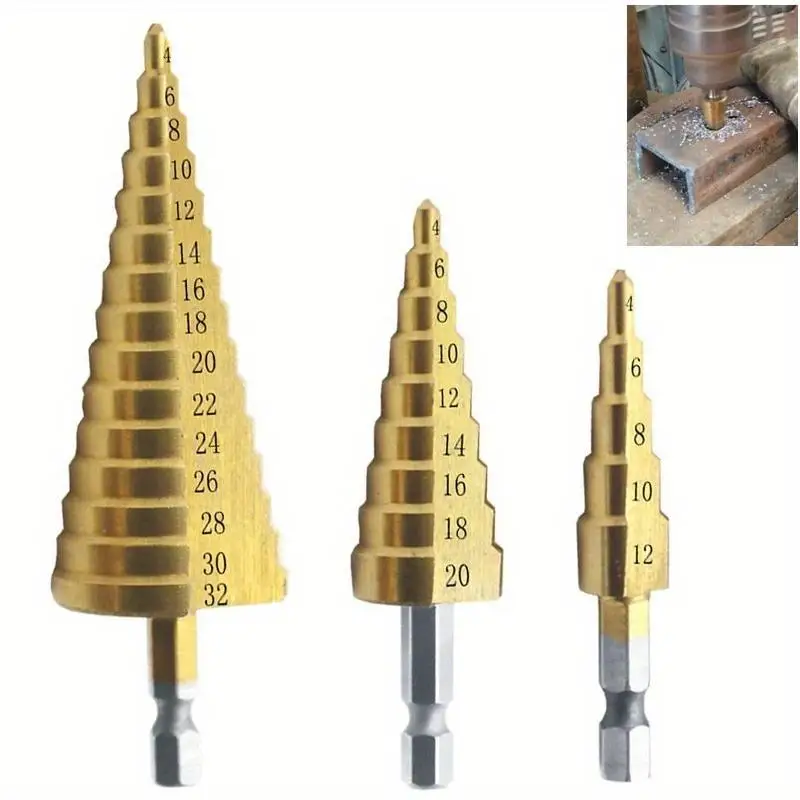 3pcs HSS Titanium Coated Step Drill Bit 4-12 4-20 4-32 Metal Wood Hole Cutter Cone Drill for Power Tools
3pcs HSS Titanium Coated Step Drill Bit 4-12 4-20 4-32 Metal Wood Hole Cutter Cone Drill for Power Tools