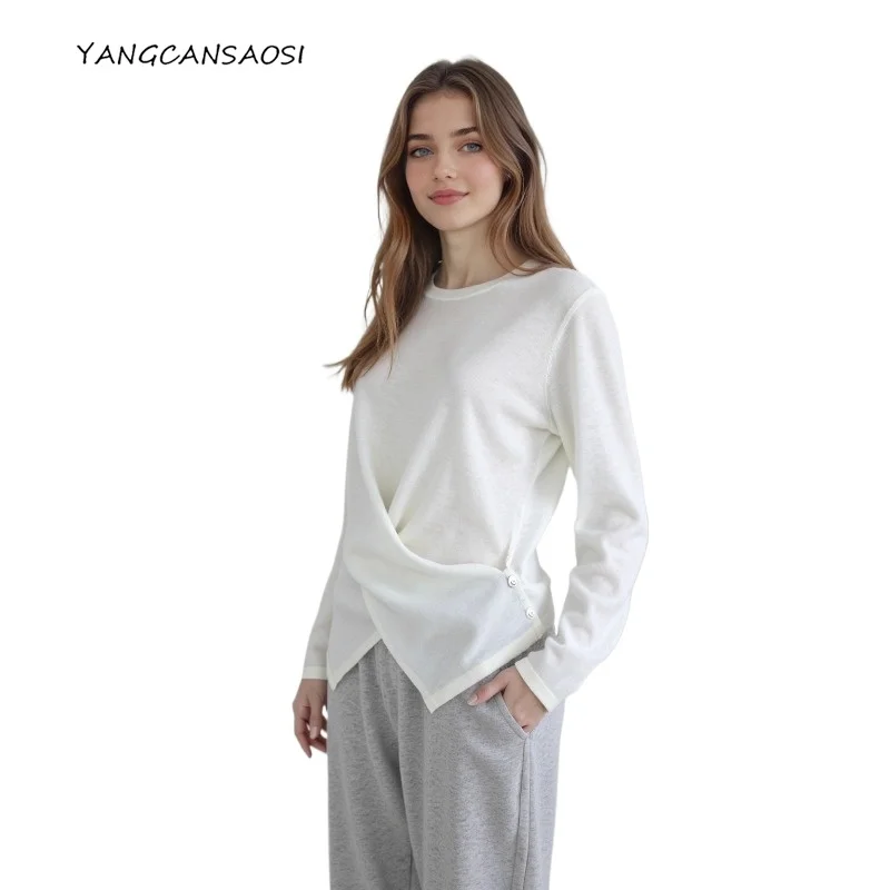 Женская осенняя одежда 2021, дизайн с перекрестием спереди, 100% шерсть, однотонный вязаный свитер с круглым вырезом и длинными рукавами
Женская осенняя одежда 2021, дизайн с перекрестием спереди, 100% шерсть, однотонный вязаный свитер с круглым вырезом и длинными рукавами