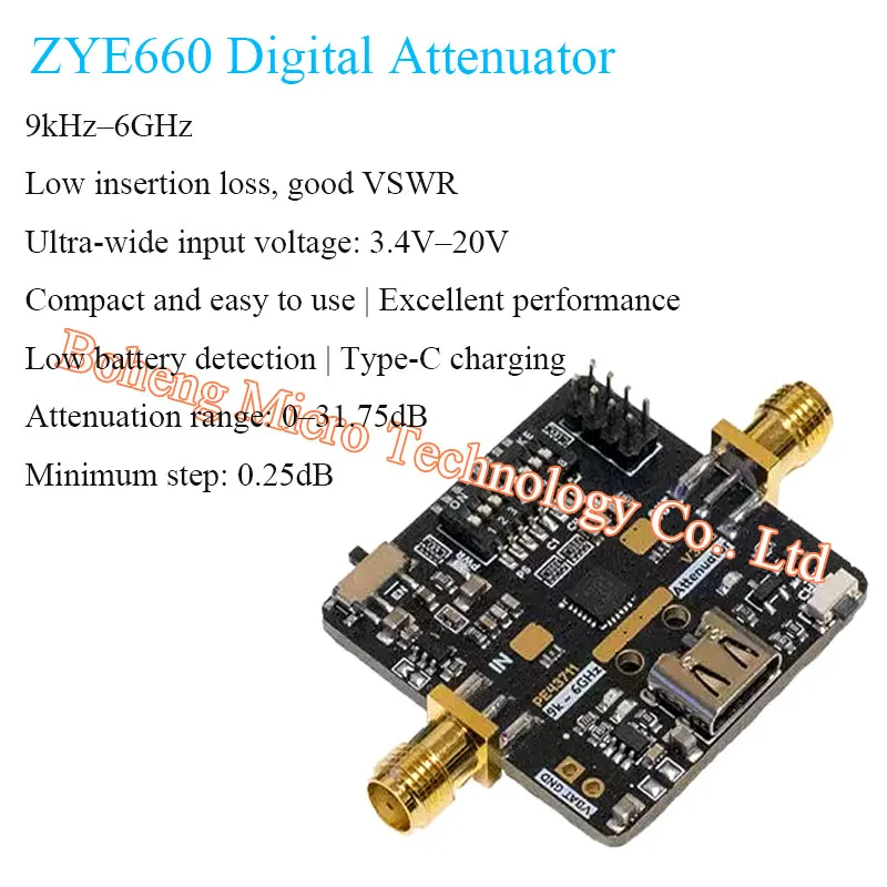 ZYE660 9kHz-6GHz Digital Step Attenuator (PE43711) Wide Voltage 3.4-20V Mini Module with 7-Bit Resolution
ZYE660 9kHz-6GHz Digital Step Attenuator (PE43711) Wide Voltage 3.4-20V Mini Module with 7-Bit Resolution