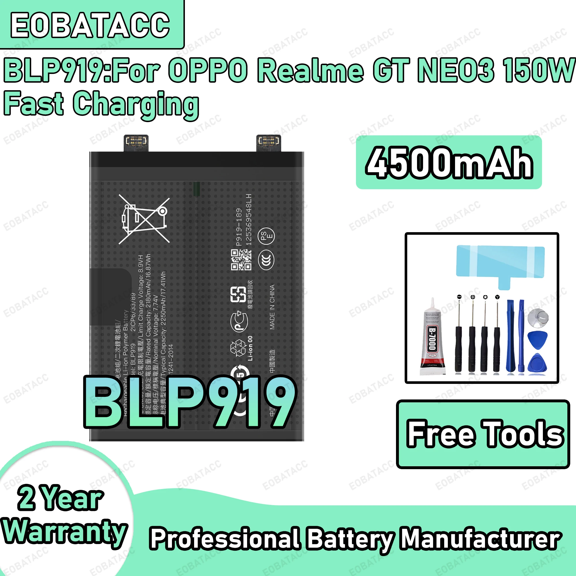 4500mAh 100% New BLP919 Battery For OPPO Realme GT Neo 3 150W Fast Charging Replacement Bateria+Free Tools
4500mAh 100% New BLP919 Battery For OPPO Realme GT Neo 3 150W Fast Charging Replacement Bateria+Free Tools