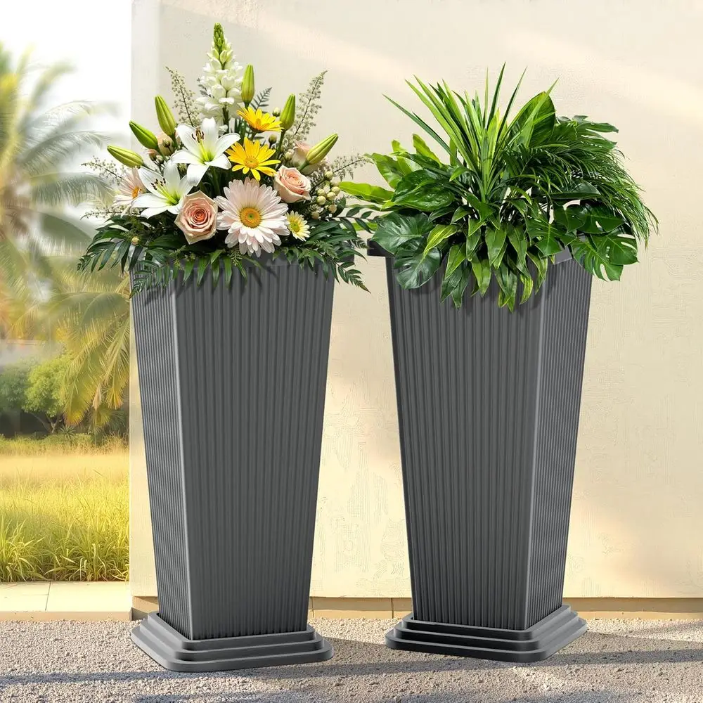 Set of 2, 24-Inch Tall Striped Grey Planters for Outdoor and Indoor, Tapered Pots with Drainage, Ideal for Large Plants and Pati
Set of 2, 24-Inch Tall Striped Grey Planters for Outdoor and Indoor, Tapered Pots with Drainage, Ideal for Large Plants and Pati