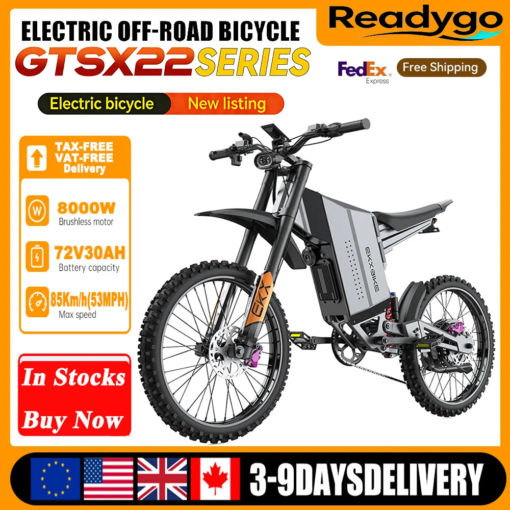 EKXBike GTS X22 Off-Road Ebike 85Kmh 8000W Brushless Motor, 72V30AH Lithium Battery, Readygo ebike Adult Electric Motorcycle
EKXBike GTS X22 Off-Road Ebike 85Kmh 8000W Brushless Motor, 72V30AH Lithium Battery, Readygo ebike Adult Electric Motorcycle