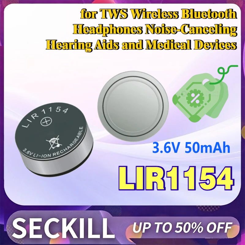 3.6V LIR1154 Rechargeable Button Battery for TWS Wireless Bluetooth Headphones Noise-Canceling Hearing Aids and Medical Devices
3.6V LIR1154 Rechargeable Button Battery for TWS Wireless Bluetooth Headphones Noise-Canceling Hearing Aids and Medical Devices