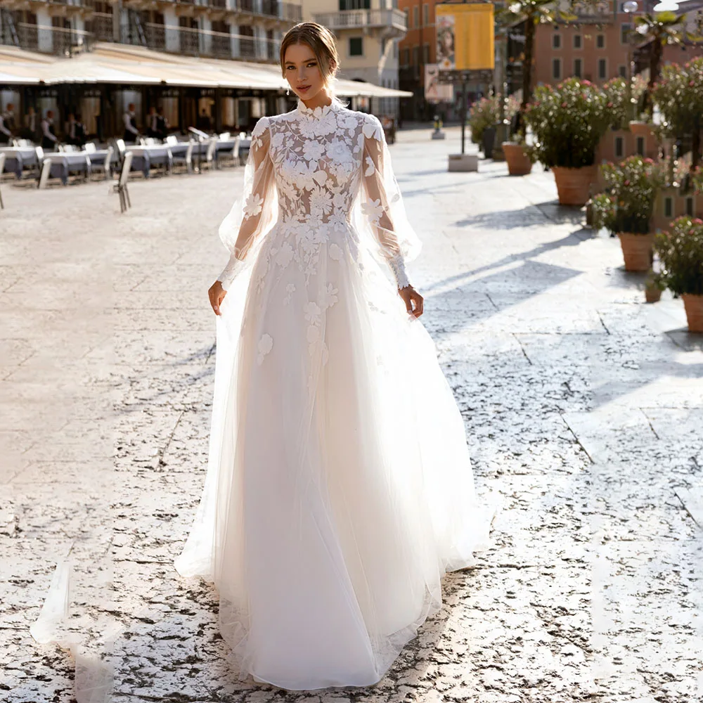 Elegant High Neck Appliques Lace Wedding Dresses Long Sleeve Tulle Wedding Gowns Backless A-line Court vestido de novia
Elegant High Neck Appliques Lace Wedding Dresses Long Sleeve Tulle Wedding Gowns Backless A-line Court vestido de novia