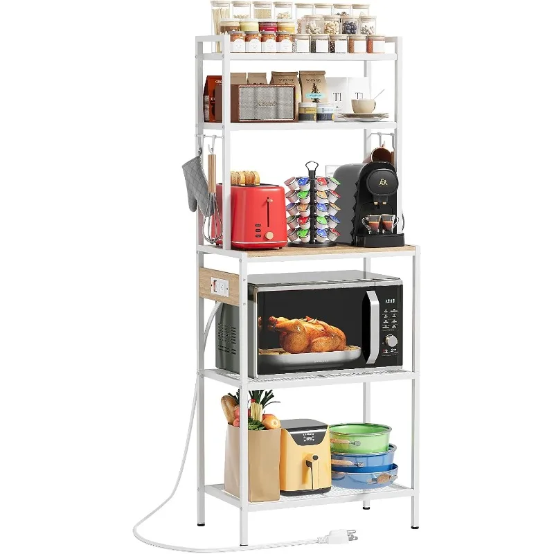 S1 Kitchen Bakers Rack with Power Outlet, Microwave Stand with Storage 5-Tiers, Freestanding Coffee Bar Table with 4 Hooks,
S1 Kitchen Bakers Rack with Power Outlet, Microwave Stand with Storage 5-Tiers, Freestanding Coffee Bar Table with 4 Hooks,