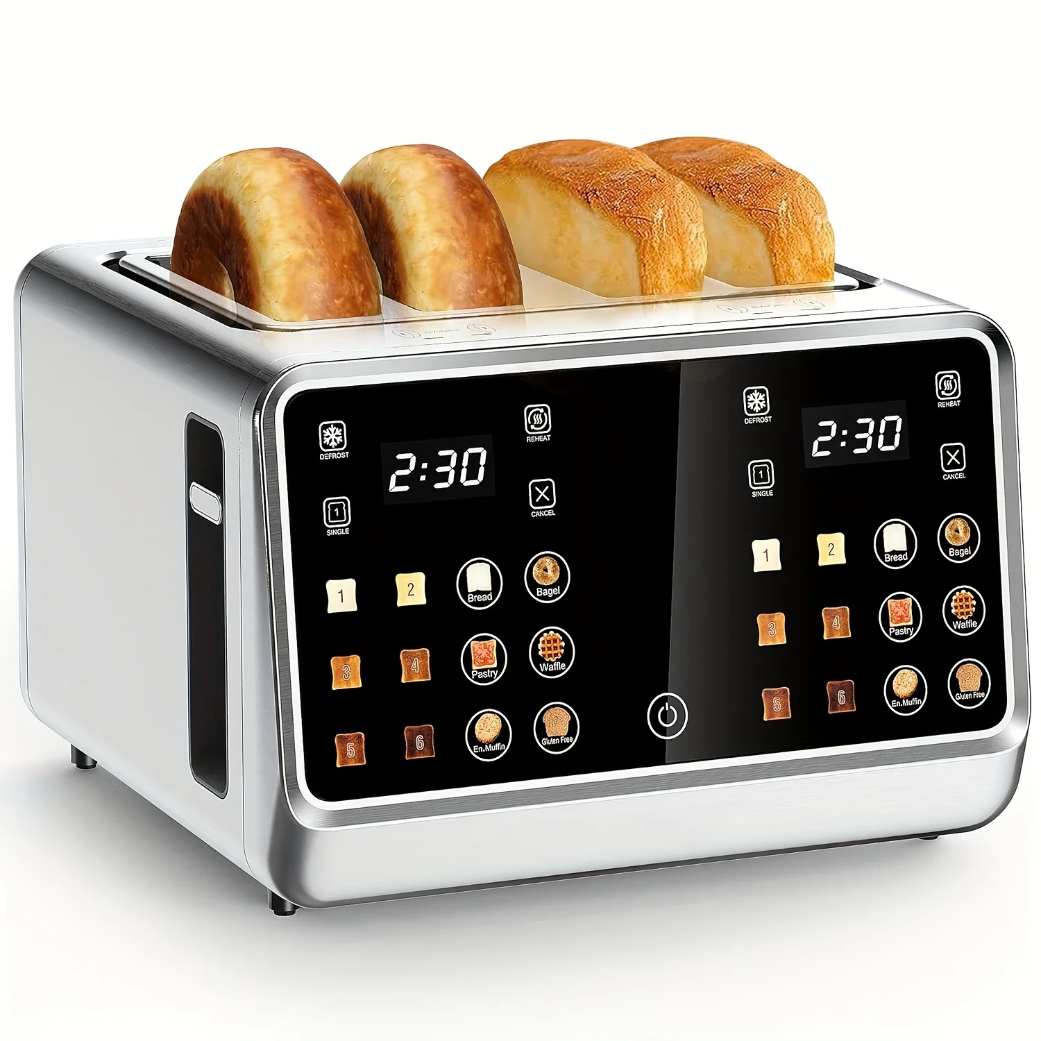 Toaster 4 Slice, Digital Smart Toaster with TouchScreen, Dual Control Panel, Single Slot Toasting, Timer, Reheat & Defrost