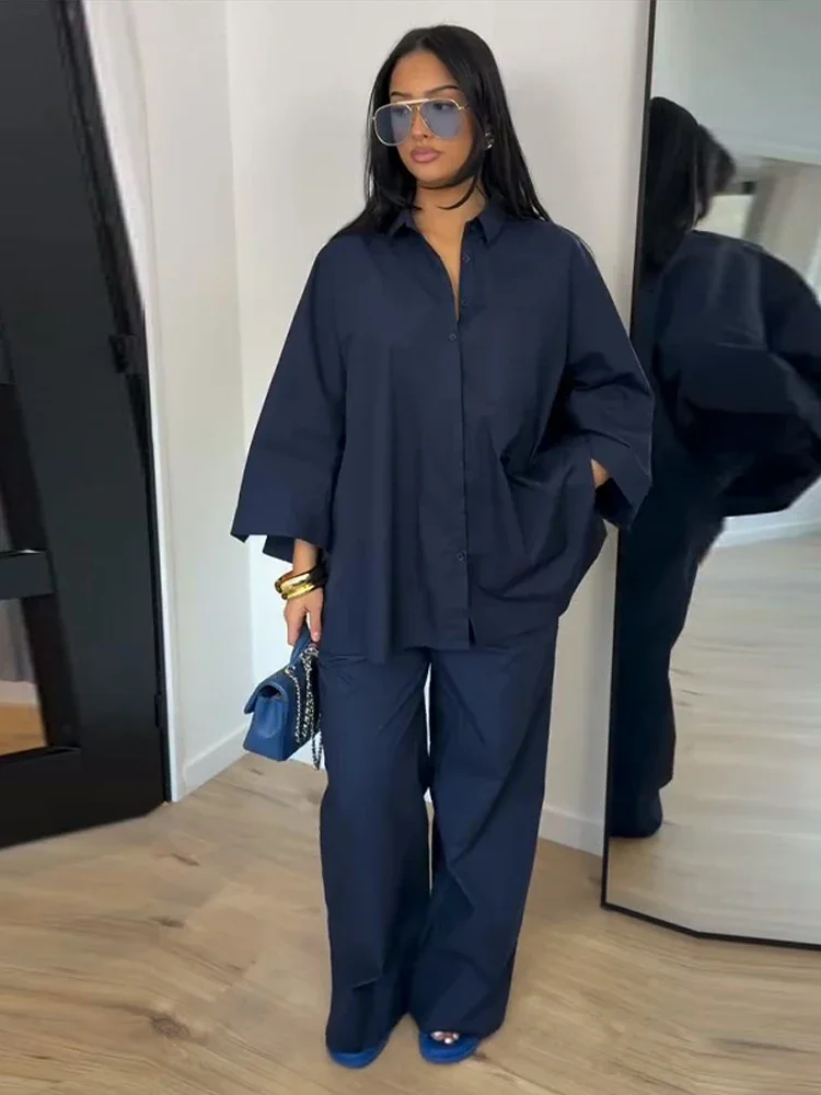 Two Piece Set Lapel Collar Long Sleeve Loose Blouse Wide Leg Pants Solid Casual Spring Fashion Suit for Women
Two Piece Set Lapel Collar Long Sleeve Loose Blouse Wide Leg Pants Solid Casual Spring Fashion Suit for Women
