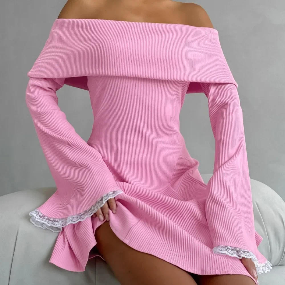 Pink Long Sleeve Mini Dress for Women Elegant Fashion Lace Patchwork Slim Party Dresses Sexy Off The Shoulder Christmas Outfits
Pink Long Sleeve Mini Dress for Women Elegant Fashion Lace Patchwork Slim Party Dresses Sexy Off The Shoulder Christmas Outfits