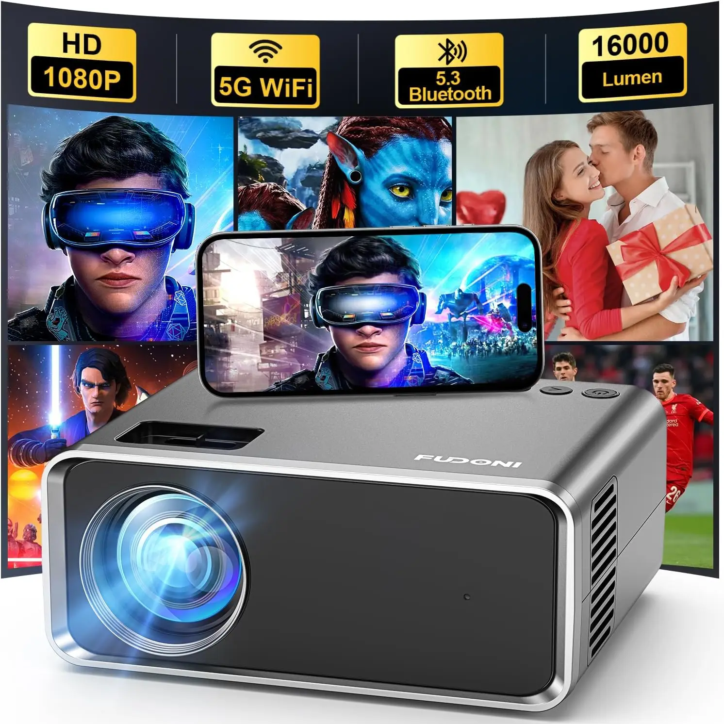 4K WiFi Bluetooth Projector, 16000L Native 1080P FHD for Home Theater, Compatible with HDMI/USB/iOS/Android/Windows/TV Stick
4K WiFi Bluetooth Projector, 16000L Native 1080P FHD for Home Theater, Compatible with HDMI/USB/iOS/Android/Windows/TV Stick