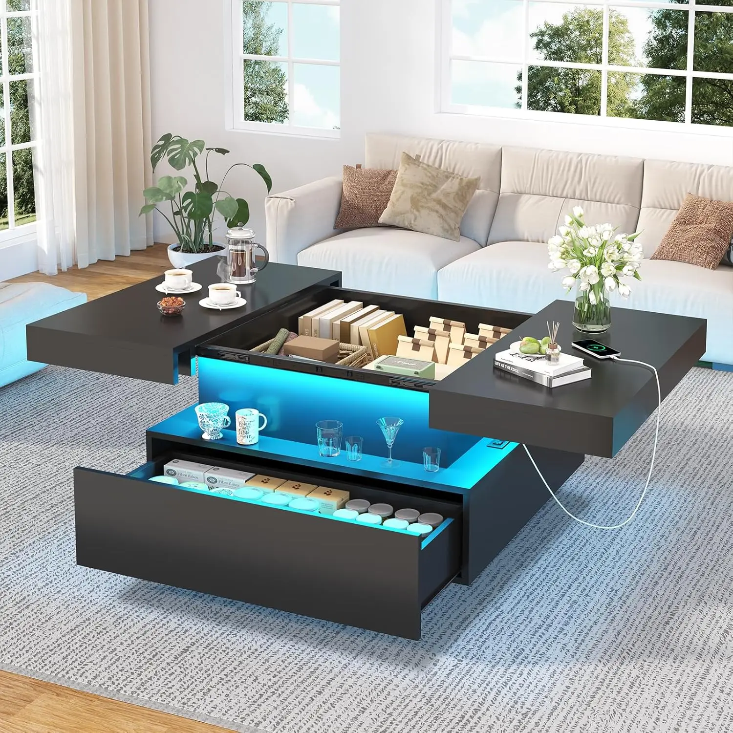 31.5" Square Coffee Table Sliding Top USB LED Storage Drawer Living Room Hidden Cabinet, Customized
31.5" Square Coffee Table Sliding Top USB LED Storage Drawer Living Room Hidden Cabinet, Customized