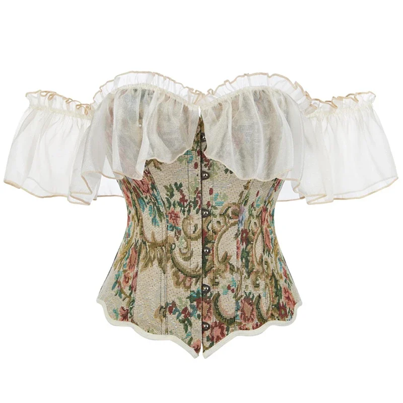 Sexy Off Shoulder Corset Top Retro Print Overbust Boned Body Shaper Lace-up Mesh Ruffles Short Sleeve Women Bodices
Sexy Off Shoulder Corset Top Retro Print Overbust Boned Body Shaper Lace-up Mesh Ruffles Short Sleeve Women Bodices