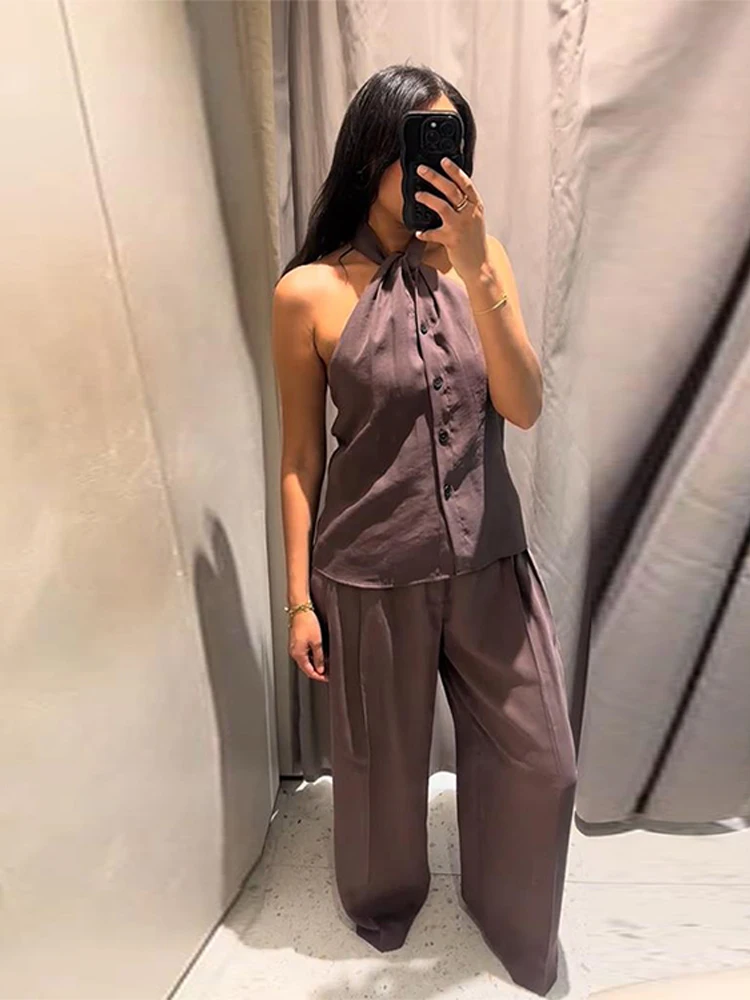 Fashion Solid Long Pants Set for Women Casual Sleeveless Halter Single Breasted Vests Wide Leg Trousers Lady Summer 2 Pcs Outfit
Fashion Solid Long Pants Set for Women Casual Sleeveless Halter Single Breasted Vests Wide Leg Trousers Lady Summer 2 Pcs Outfit