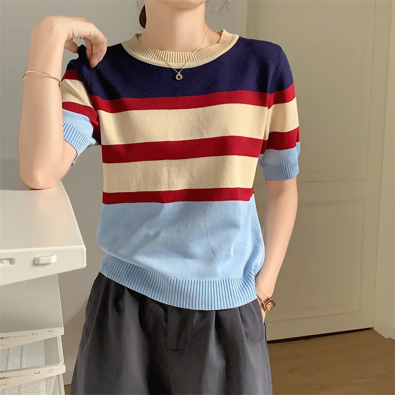 QOERLIN Contrast Color Striped Knitted Sweater Short Sleeve T-shirt 2022 Women Summer Casual Tops Korean Fashion Designer Shirts
QOERLIN Contrast Color Striped Knitted Sweater Short Sleeve T-shirt 2022 Women Summer Casual Tops Korean Fashion Designer Shirts