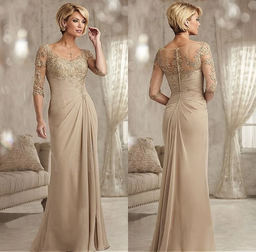 Champagne Elegent Mother of The Bride Dresses Plus Size 3/4 Sleeves Beaded Lace Long Chiffon Evening Gown for Wedding Party
Champagne Elegent Mother of The Bride Dresses Plus Size 3/4 Sleeves Beaded Lace Long Chiffon Evening Gown for Wedding Party