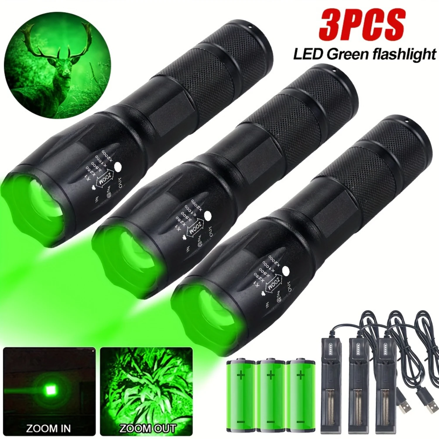 3PCS Green Adjustable Zoomable Flashlight Light - Perfect for Night Hunting, Fishing, Camping, and Beekeeping - Includes Recharg
3PCS Green Adjustable Zoomable Flashlight Light - Perfect for Night Hunting, Fishing, Camping, and Beekeeping - Includes Recharg