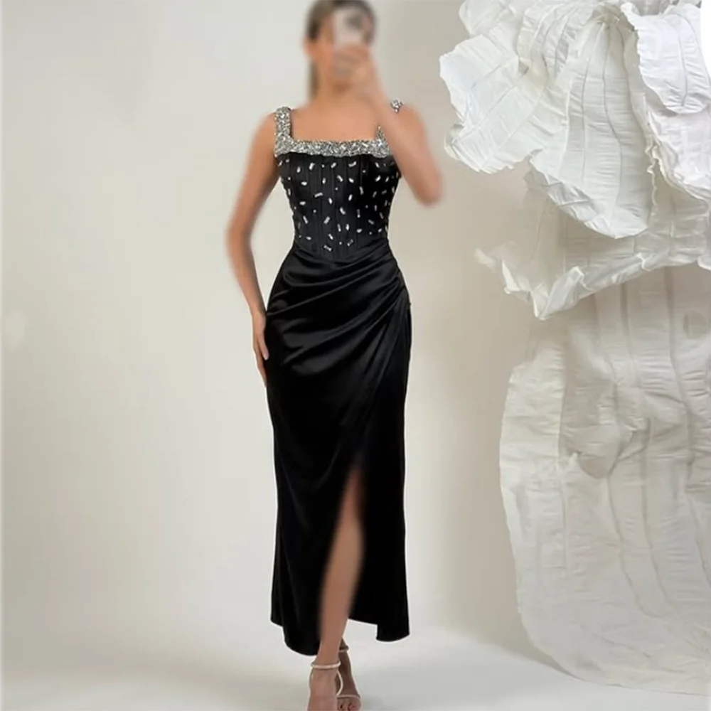 Customized Straight Prom Dresses Tea-Length Square Collar Sleeveless Evening Gown Fashion Crystal Side Split Draped Party Gown
Customized Straight Prom Dresses Tea-Length Square Collar Sleeveless Evening Gown Fashion Crystal Side Split Draped Party Gown