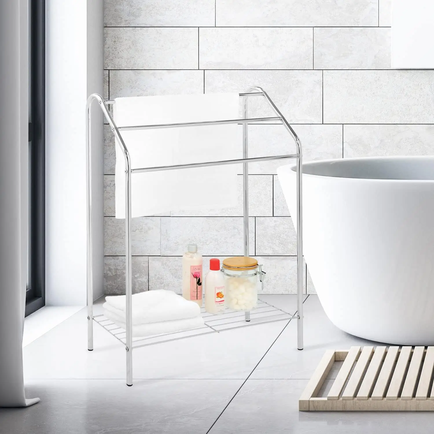 Freestanding Towel Rack with 3 Tiers of Crossbars, Storage Racks for Bathroom, Living Room, Clothes and Towel Drying Racks
Freestanding Towel Rack with 3 Tiers of Crossbars, Storage Racks for Bathroom, Living Room, Clothes and Towel Drying Racks