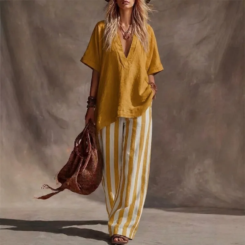 Vintage Summer V Neck Loose Short Sleeved Top and Striped Wide Leg Pants Outfit 2026 Vacation Contrasting Sports Pants 2Pcs Set
Vintage Summer V Neck Loose Short Sleeved Top and Striped Wide Leg Pants Outfit 2026 Vacation Contrasting Sports Pants 2Pcs Set