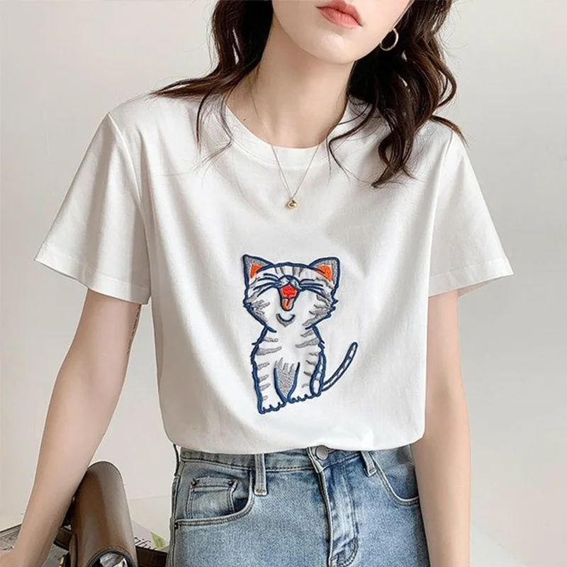 Summer New Chic Cartoon Embroidery O-neck Pure Cotton T-Shirt Women Clothing Casual Loose Short Sleeve Tops
Summer New Chic Cartoon Embroidery O-neck Pure Cotton T-Shirt Women Clothing Casual Loose Short Sleeve Tops