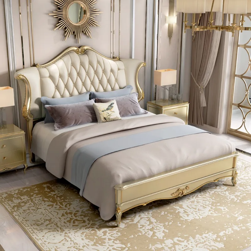 American light luxury luxury gold leather bed with simple European pull buckle, solid wood carving, soft backrest, modern French
American light luxury luxury gold leather bed with simple European pull buckle, solid wood carving, soft backrest, modern French