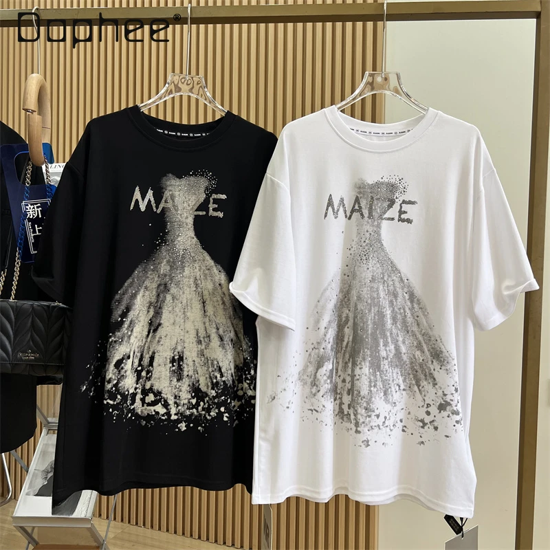 Fashion Rhinestone Wedding Dress Printed Loose Mid-Length Short-Sleeved T-shirt Women 2024 Summer New Round Neck Black Tops
Fashion Rhinestone Wedding Dress Printed Loose Mid-Length Short-Sleeved T-shirt Women 2024 Summer New Round Neck Black Tops