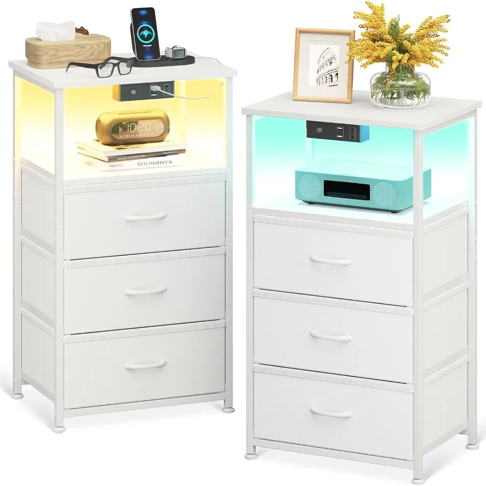 Night Stand Set 2, Bedside Tables with Charging Station, LED Nightstand with Fabric Drawers, End Tablewith Open Shelf, Small Ni
Night Stand Set 2, Bedside Tables with Charging Station, LED Nightstand with Fabric Drawers, End Tablewith Open Shelf, Small Ni