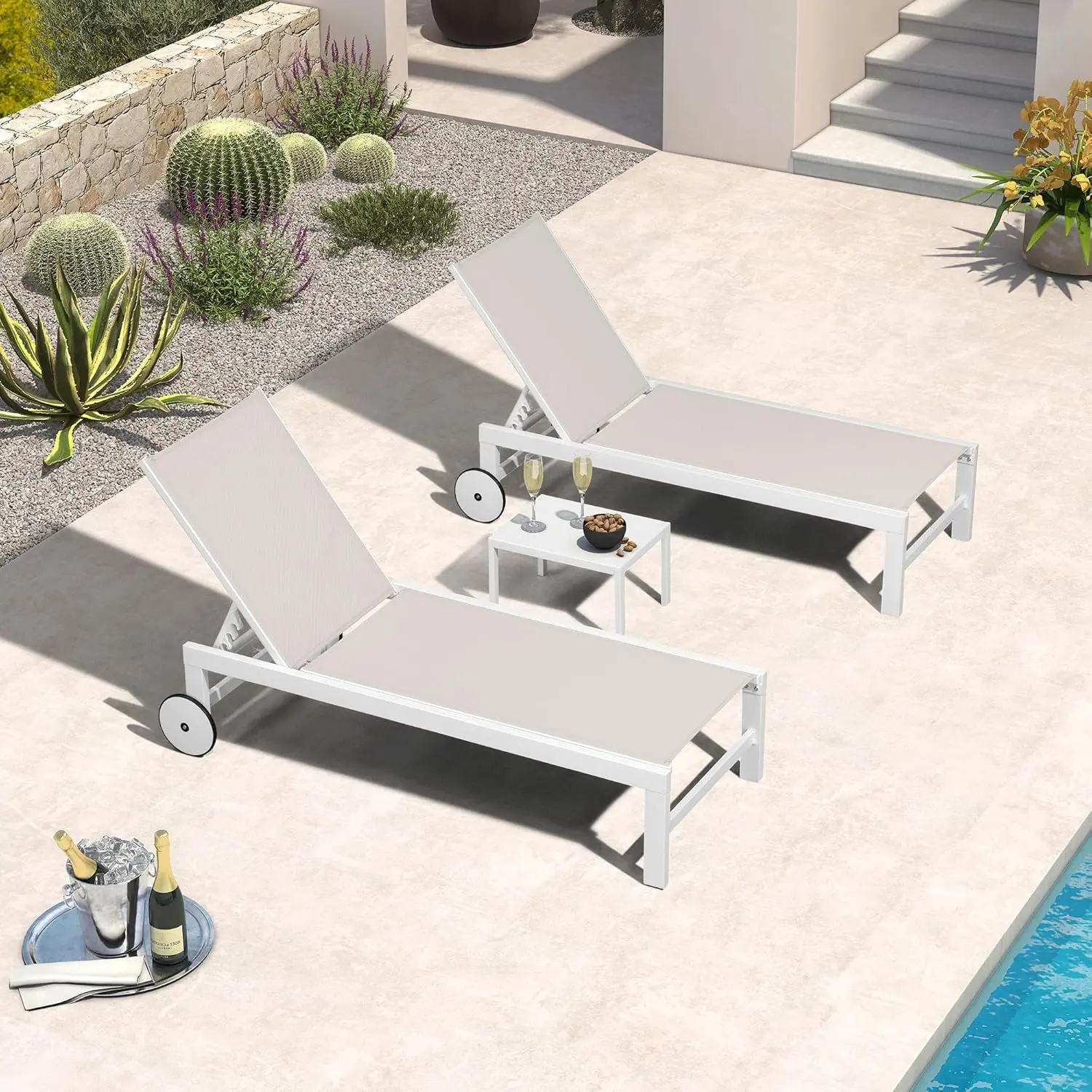 Outdoor Chaise Lounge Chairs Aluminum Lounge Chair 5-Position Adjustable Chaise w/ Wheels &Table for Pool Deck Patio
Outdoor Chaise Lounge Chairs Aluminum Lounge Chair 5-Position Adjustable Chaise w/ Wheels &Table for Pool Deck Patio