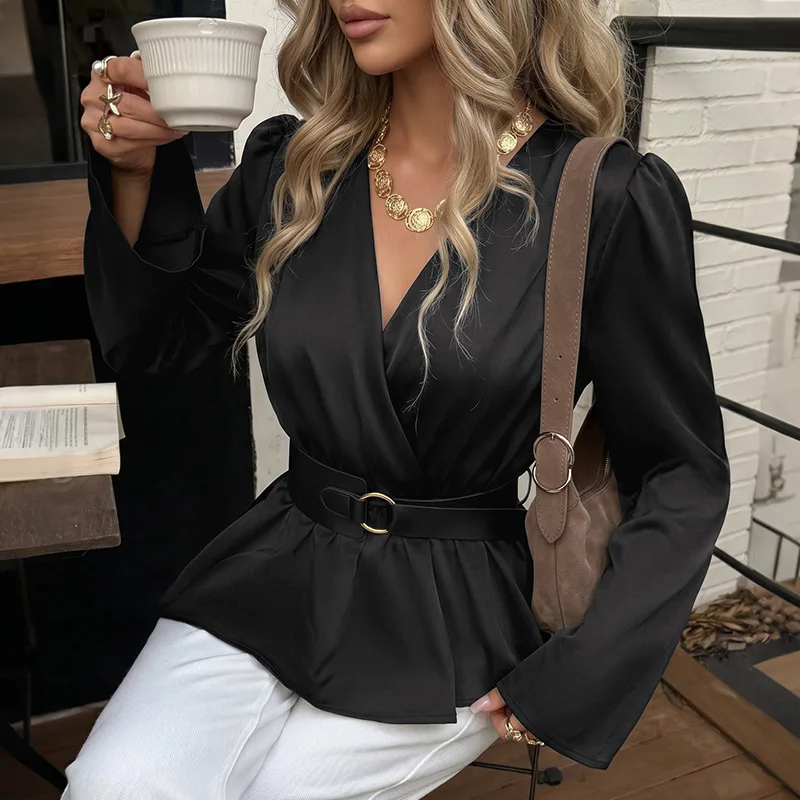 Long Puff Sleeve Belted Peplum Slim Waist Top Office Wear Casual Shirts Women's Elegant Irregular V-neck Black Cooffe Blouse
Long Puff Sleeve Belted Peplum Slim Waist Top Office Wear Casual Shirts Women's Elegant Irregular V-neck Black Cooffe Blouse