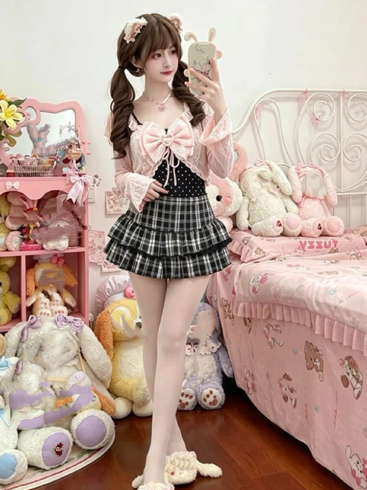 Y2k Japanese Kawaii 3 Piece Skirt Sets 2000s Harajuku Vintage Sweet Suits Lolita Polka Dot Camis + Short Cardigan + Plaid Skirts
Y2k Japanese Kawaii 3 Piece Skirt Sets 2000s Harajuku Vintage Sweet Suits Lolita Polka Dot Camis + Short Cardigan + Plaid Skirts