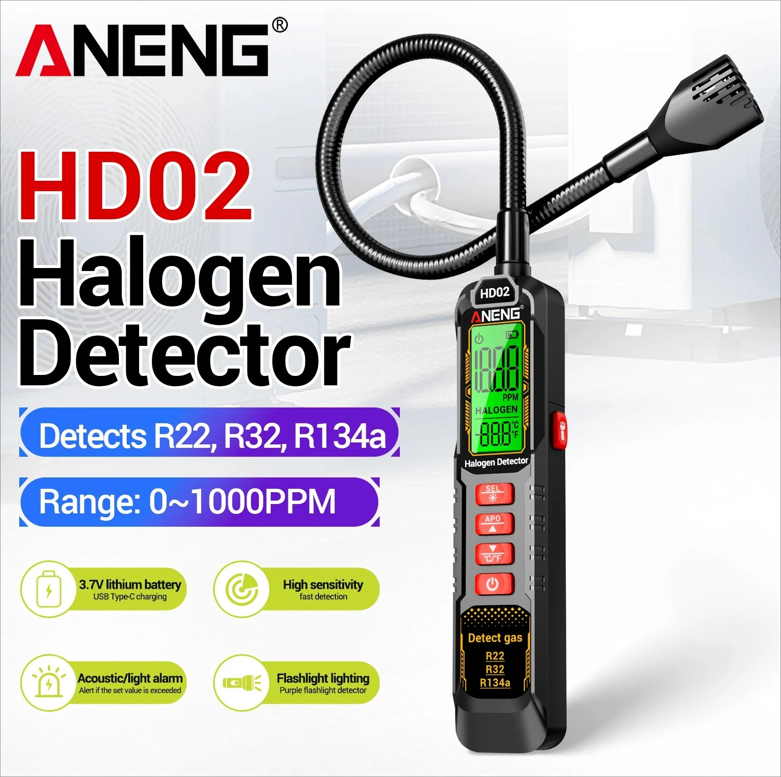 ANENG HD02 Halogen Detector High Sensitivity Leak Detector R22/R32/R134a Refrigerant Gas Leak Detection Air Conditioner Tester
ANENG HD02 Halogen Detector High Sensitivity Leak Detector R22/R32/R134a Refrigerant Gas Leak Detection Air Conditioner Tester