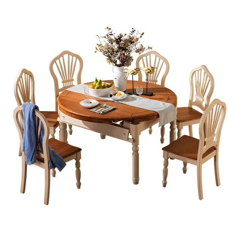 Dining table and chair combination solid wood, folding dining table retractable round rice
Dining table and chair combination solid wood, folding dining table retractable round rice