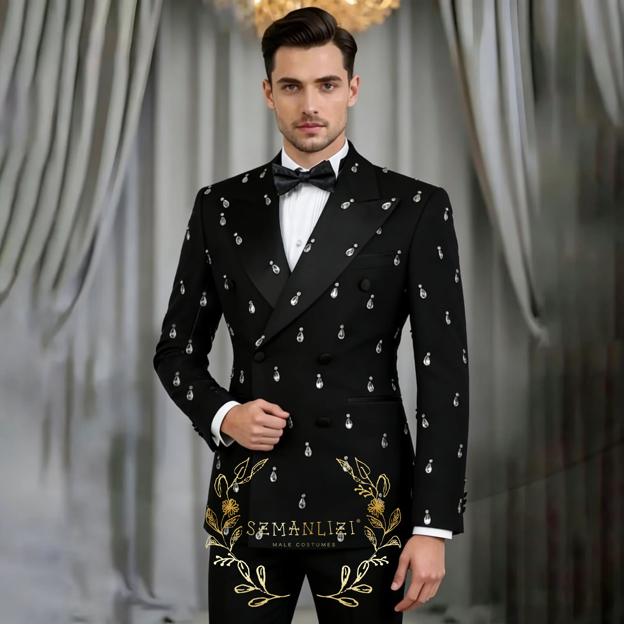Двубортный мужской костюм для свадьбы, индивидуальный пошив, черные кристаллы, бисерная отделка, костюм жениха, мужской пиджак для вечеринки, комплект из 2 предметов, Ropa Hombre
Двубортный мужской костюм для свадьбы, индивидуальный пошив, черные кристаллы, бисерная отделка, костюм жениха, мужской пиджак для вечеринки, комплект из 2 предметов, Ropa Hombre