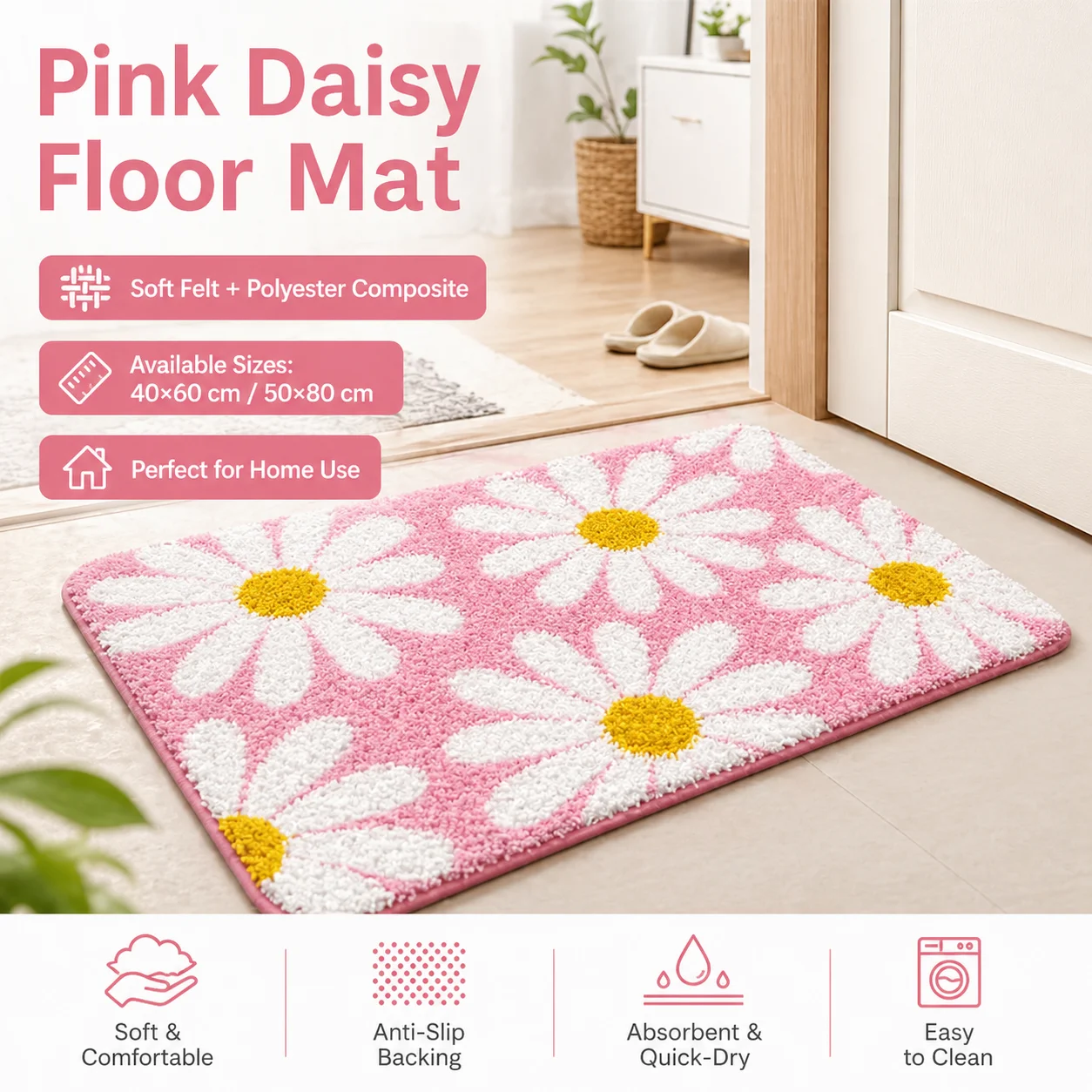 Pink Daisy Printed Floor Mat Cute Floral Bath Mat Anti-Slip Absorbent Quick Dry Rug for Bathroom Bedroom Spring Home Decor
Pink Daisy Printed Floor Mat Cute Floral Bath Mat Anti-Slip Absorbent Quick Dry Rug for Bathroom Bedroom Spring Home Decor