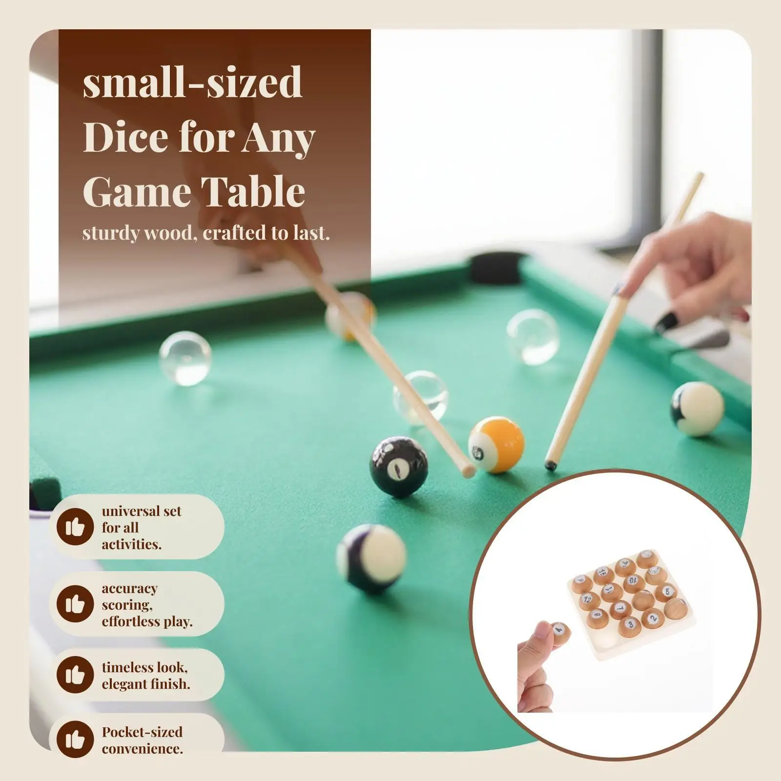 Numbered Wooden Tally Balls Smooth Surface Pool Dice Set Billiards Accessories for Bottle Number Games
Numbered Wooden Tally Balls Smooth Surface Pool Dice Set Billiards Accessories for Bottle Number Games